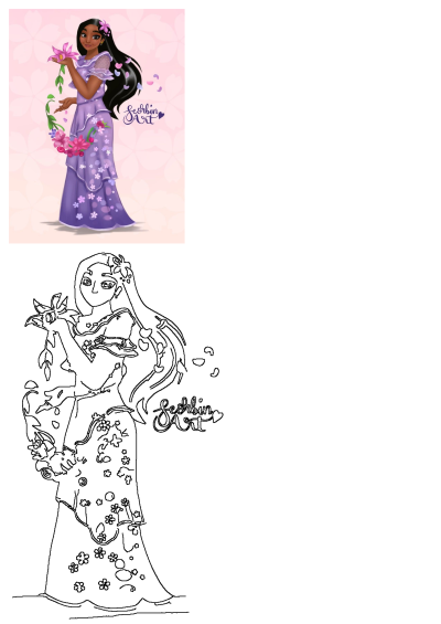 A digital artwork showing Princess Tiana, from "The Princess and the Frog", wearing a lavender dress and holding pink flowers in her hand.