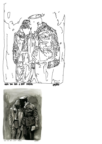 An ink drawing showing a man in uniform comforting a friend. The poignant artwork evokes 'Once you had a best friend' sentiment.