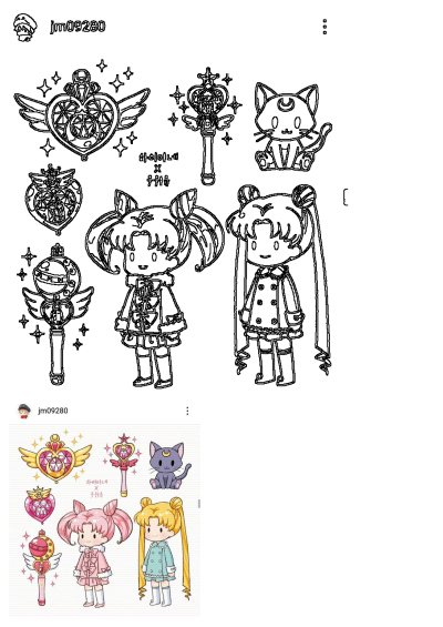 Chibi style illustration of Sailor Moon characters, wands, and icons from the series Sailor Moon. Cute and magical fan art.