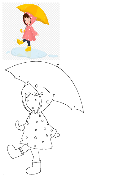 Clip art illustration of a girl in a pink raincoat and yellow boots, holding a yellow umbrella and stepping in a puddle on a rainy day.