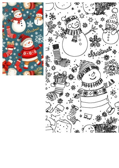 Vibrant Christmas pattern featuring charming snowmen, festive red stockings, and snowflakes, alongside a black and white outline.