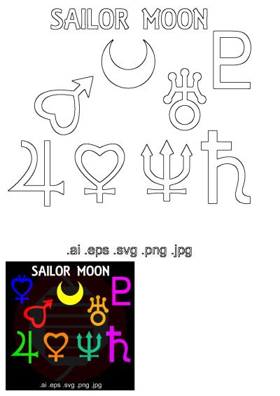 Colorful Sailor Moon symbols and zodiac signs, displayed in various sizes and hues. The image features vibrant variations of the classic symbols.
