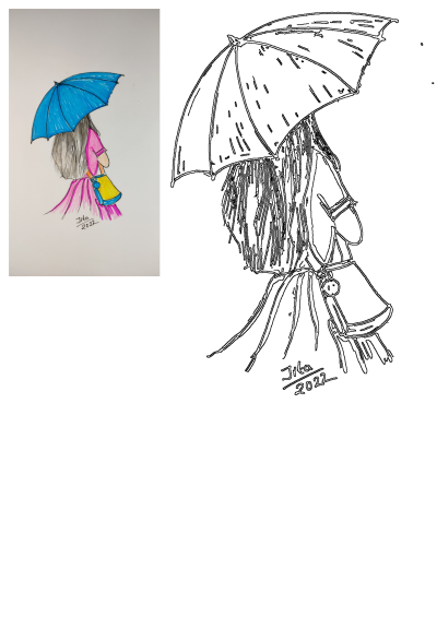 A drawing of a girl with an umbrella, wearing a pink dress and carrying a yellow bag with blue trim. Signed 'Jita 2022'.