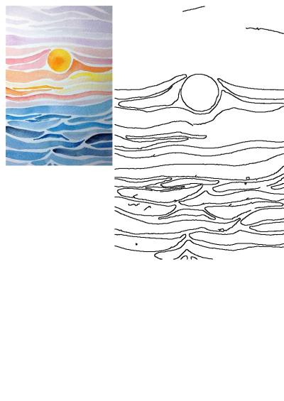 Watercolor painting of a calming sunset over the ocean. Gentle waves and the sun in the distance, painted on white paper. Beautiful sunset art.