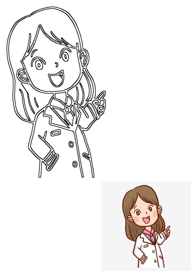 Cartoon illustration of a cheerful female doctor with brown hair, wearing a white coat and pointing with her finger.
