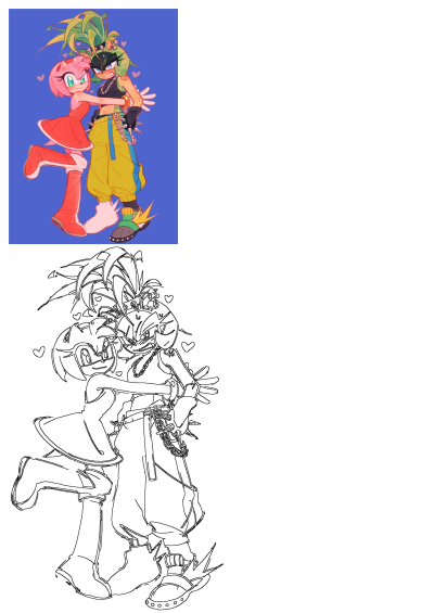 Two cartoon characters, Amy Rose and Surge the Tenrec, are hugging on a blue background. A cute moment between two friends in Sonic universe.