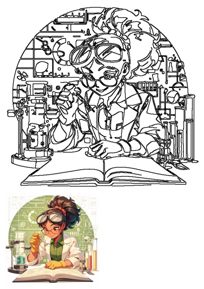 A woman in a white lab coat and goggles sits at a desk with an open book, conducting a science experiment in a lab setting. Illustration.