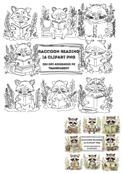 Raccoon reading books clipart set. Cute watercolor raccoon illustrations perfect for book lovers & educational projects.