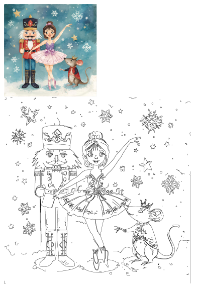 An enchanting Nutcracker ballet illustration featuring the soldier, graceful ballerina, and mouse king in a snowy, starry winter scene, with a line art version below.