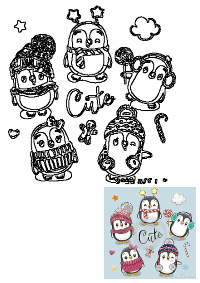 Cute cartoon penguins with hats and candy canes, adorned with winter accessories and holiday treats against a light blue background.