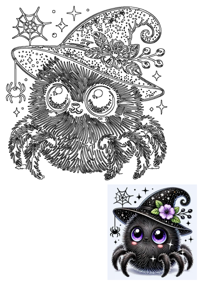 A charming black, fuzzy spider wearing a witch's hat with purple eyes and stars on it's head. Halloween spider illustration.
