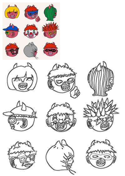 Digital art illustration of devil faces in various disguises, including masks, hats, and clown makeup. Disguises. 