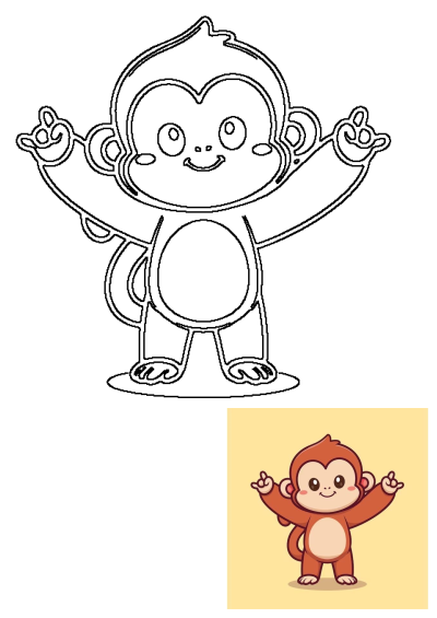 Cartoon monkey standing with its hands up, a cute illustration of a monkey with a playful expression,perfect for kids' content and jungle themes.
