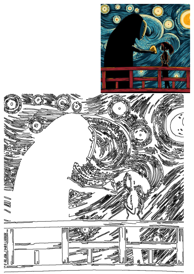 Image of a person holding an umbrella standing next to a child on a bridge with the starry background. Depicting the animation scene Spirited Away.