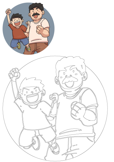Cartoon illustration of a father and son having fun. The son jumps with joy while the dad smiles with a fist. Celebrating fatherhood and family.