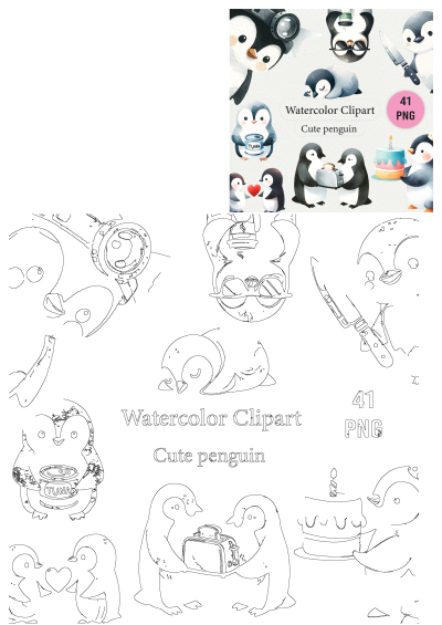 Watercolor clipart featuring cute penguins. Includes a penguin with a camera and another near a delicious cake. Perfect for creative projects.