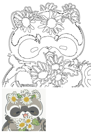 Senor Duck's adorable raccoon art: a smiling raccoon with a daisy flower crown, holding more daisies. Animal drawing for art journals.
