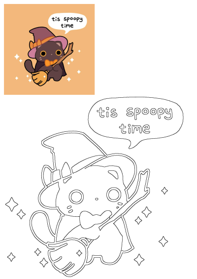 Cute animal is ready for spoopy time, a cat with a witch hat and wand says it's spoopy time, a fun and cute Halloween image.