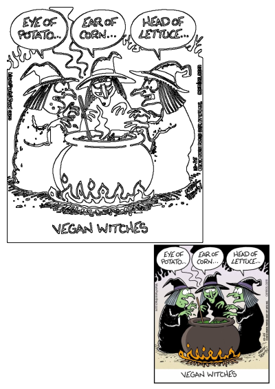 Cartoon of vegan witches cooking in a cauldron, adding vegetables with puns. Funny Halloween themed artwork with a humorous twist. 