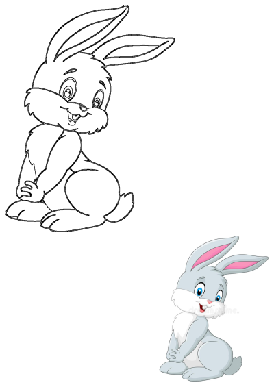 A cute cartoon bunny sitting on the ground. A gray bunny with big blue eyes and long pink ears looking downward.