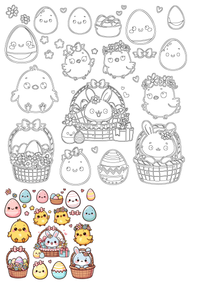 An assortment of cartoon easter eggs, chicks, and bunnies. Features colorful eggs, cute chicks with bows, and bunnies in baskets.