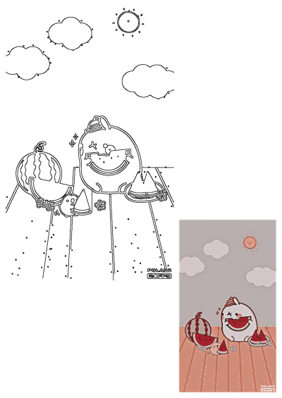 Cartoon character enjoying watermelon slices on a sunny day. Cute illustration featuring clouds, sun, and a whimsical cartoon character.