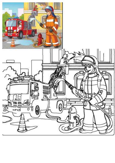 A cartoon illustration of a fireman using a hose to extinguish a fire hydrant, with a fire truck and building fire in the background.
