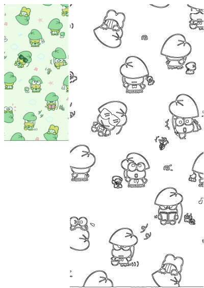 Seamless pattern featuring cute Keroppi the frog characters wearing leaf hats in various poses on a light green background.