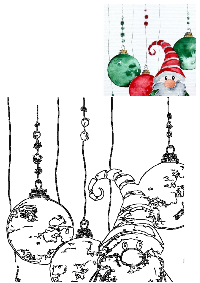 A charming watercolor Christmas gnome with a striped hat, surrounded by festive red and green ornaments, shown alongside its outline art version.