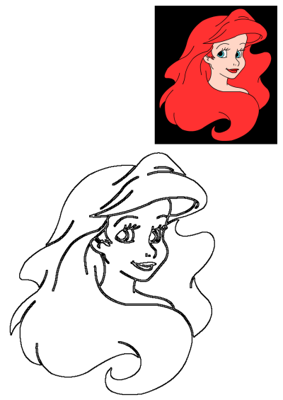 A digitally illustrated image of Ariel, the little mermaid, showcasing her iconic red hair and bright blue eyes against a black background.