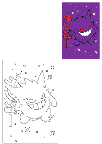 Cartoon image of Gengar, a purple Pokemon character, set against a purple background with red Japanese letter and white stars. Gengar is smiling with red eyes.