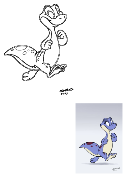 Cartoon lizard art illustration. Cute dinosaur avatar character, book artwork style, features a funny pose for belly painting or animal characters.