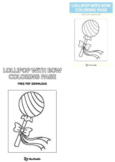 Lollipop with bow coloring page is shown in black and white, featuring a cute lollipop with a bow. Free printable.