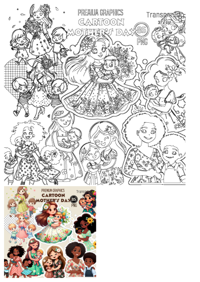 Mother's Day clipart featuring diverse women with children. A beautiful collection celebrating motherhood, perfect for Mother's Day projects.