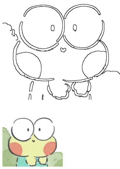 A charming drawing of a cute frog with big eyes, one eye is closed, standing near trees. This delightful image is perfect for nature lovers.