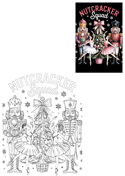 Nutcracker Squad design with festive toy soldiers, ballerinas, decorated Christmas tree, and snowflakes. Includes outline for coloring.