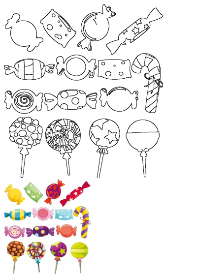 A delightful assortment of various candy lollipops and candies in a vibrant cartoon illustration, perfect for sweet treats or confectionery projects.