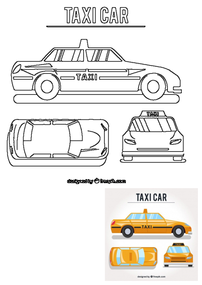 Taxi cabs in flat style with different angles and colors showcasing the front, side, and back views of the vehicle. Illustration of a taxicab.