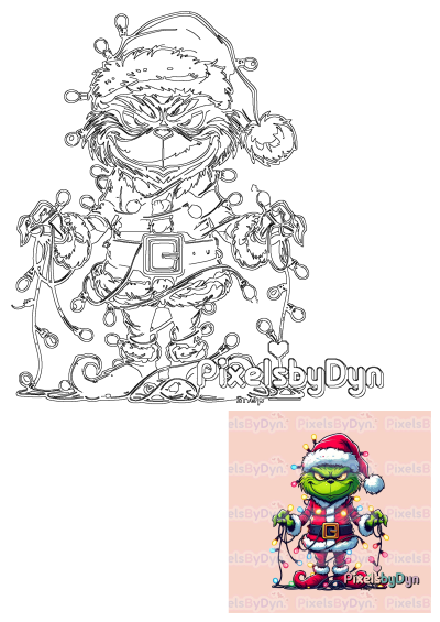 Cartoon of Grinch as the Griny Christmas Tree Man with Christmas lights. Perfect for holiday fun and festive designs. Cute and whimsical!