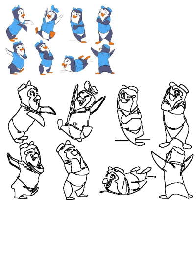 Collection of cartoon penguin characters in various poses, all wearing matching blue uniforms and hats. Cute, playful animation sketches.