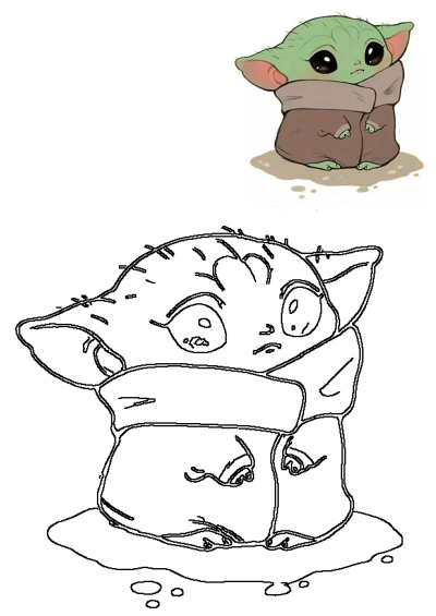 A cute illustration of Baby Yoda sitting down and hugging himself. The baby Yoda is sitting down with its arms wrapped around it.