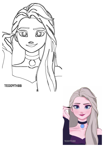Digital image of Elsa applying makeup with silver hair, blue eyes, and a choker necklace. Cartoon style portrait of a princess character.