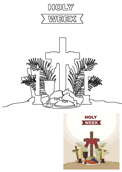 Illustration of Holy Week with crosses, bread, wine, and candles. A symbolic depiction of Christian religious observance and tradition.