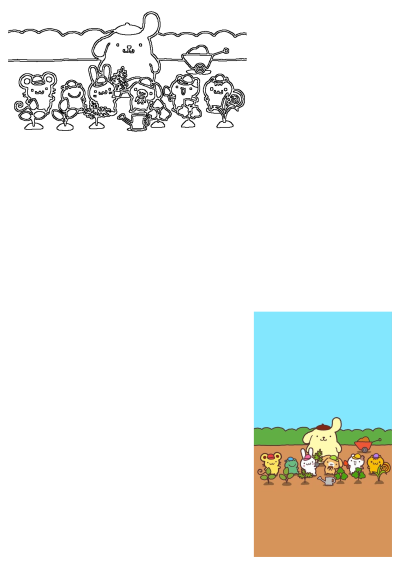 Pompompurin and his cute friends enjoy gardening in the brown soil under a blue sky, planting vegetables. Adorable cartoon image.