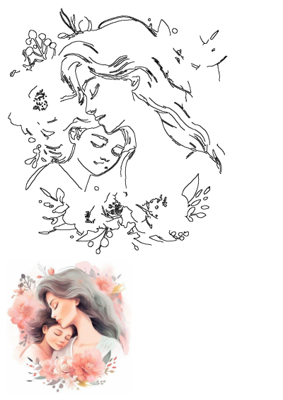 Watercolor illustration of a loving mother holding her child, surrounded by delicate pink flowers around her neck and head, portraying maternal affection.