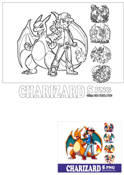 Charizard pokemon character and ash ketchum, image shows charizard with trainer and in various poses. High res image, great for fans.