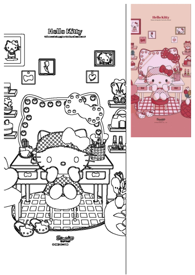 A pink-themed Hello Kitty poster showcasing a vanity setup. The hello kitty poster is displayed in pink with cute illustrations.