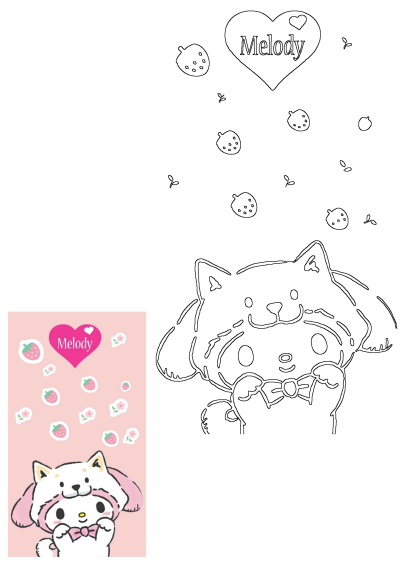 A cute cartoon cat named Melody with a bow tie and strawberries on it's head is in front of a pink background with flowers and strawberries.