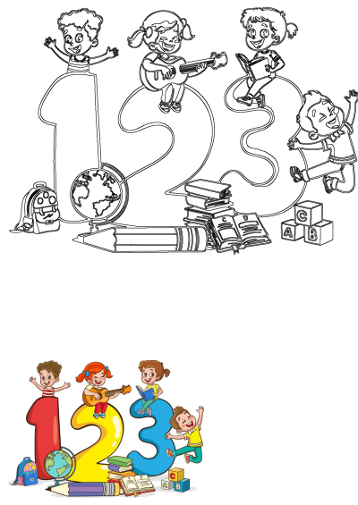 Colorful illustration of children sitting on numbers with books, globe, and blocks, promoting education and learning in a fun way.
