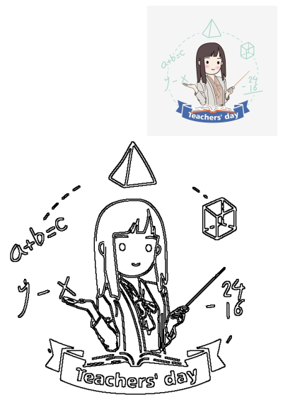 A cute drawing of a girl holding an open book and pointing to the 'Teacher's Day' sign. Celebrates Teacher's Day with a mathematical theme.